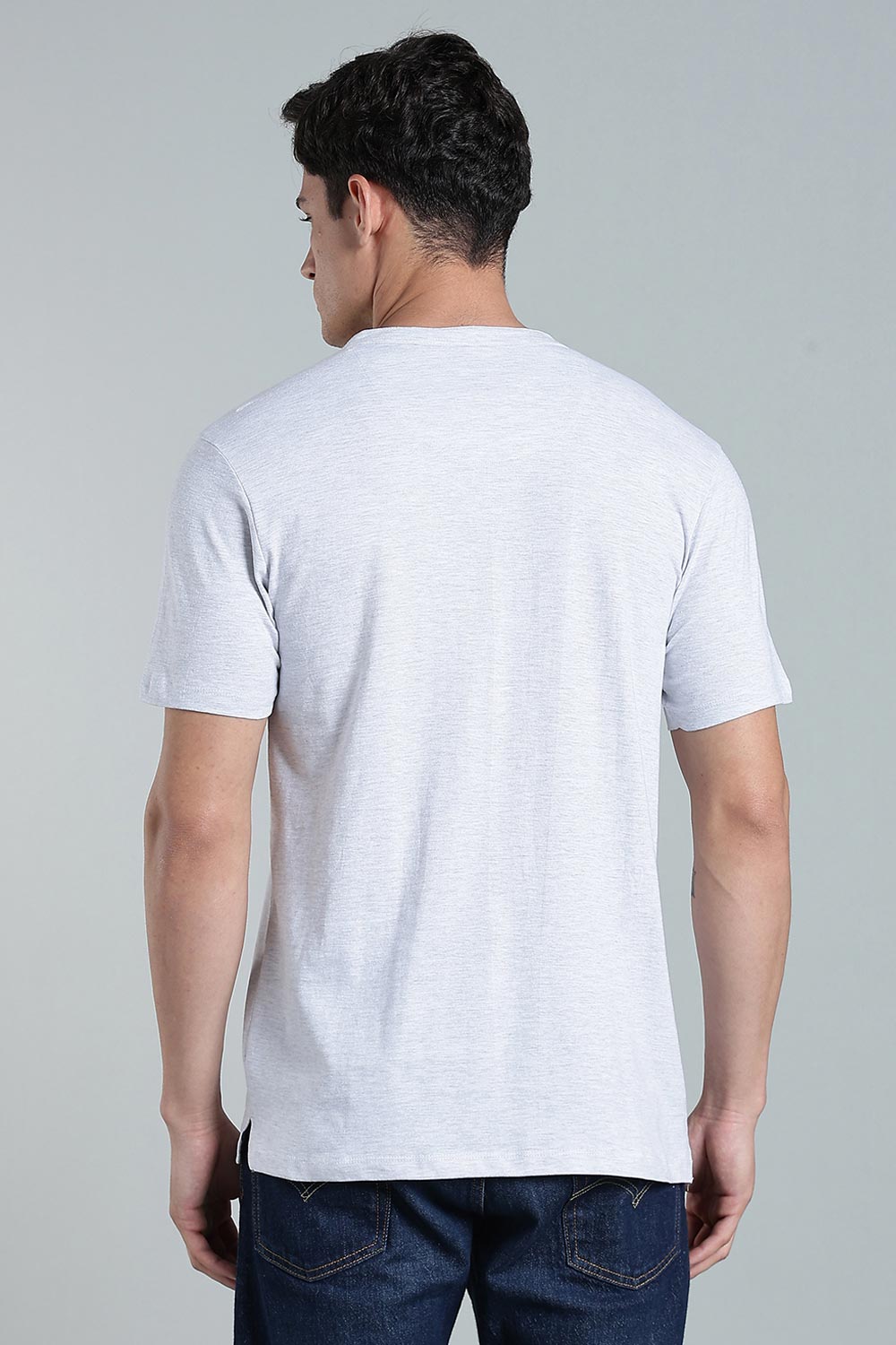Enhance Men’s Henley T-Shirt – Cotton Smart Casual Tee with Chest Pocket & Side Slits - White Melange - TG01