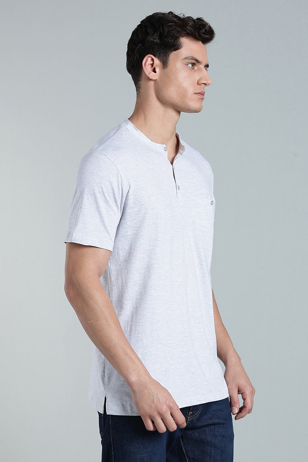 Enhance Men’s Henley T-Shirt – Cotton Smart Casual Tee with Chest Pocket & Side Slits - White Melange - TG01