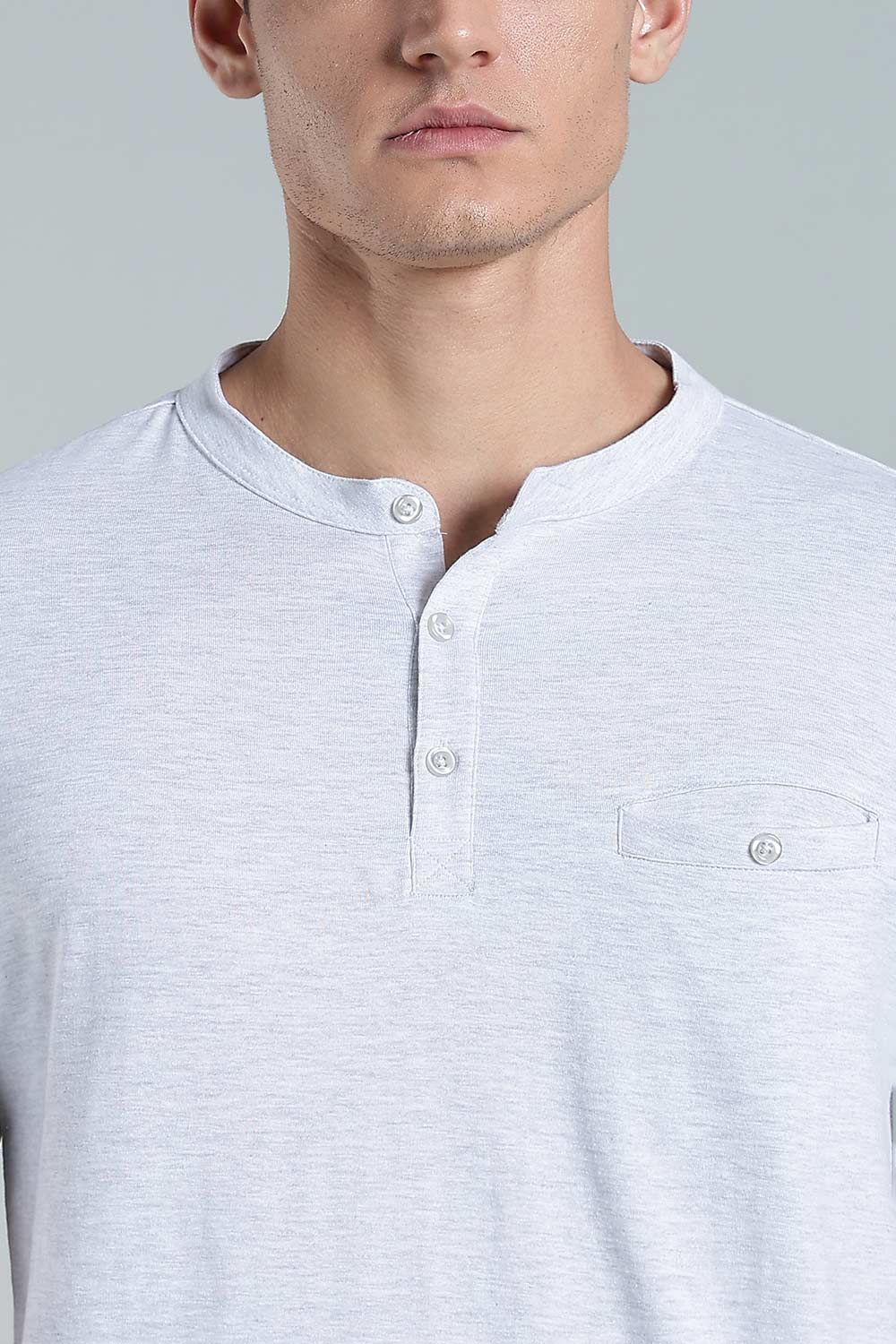 Enhance Men’s Henley T-Shirt – Cotton Smart Casual Tee with Chest Pocket & Side Slits - White Melange - TG01