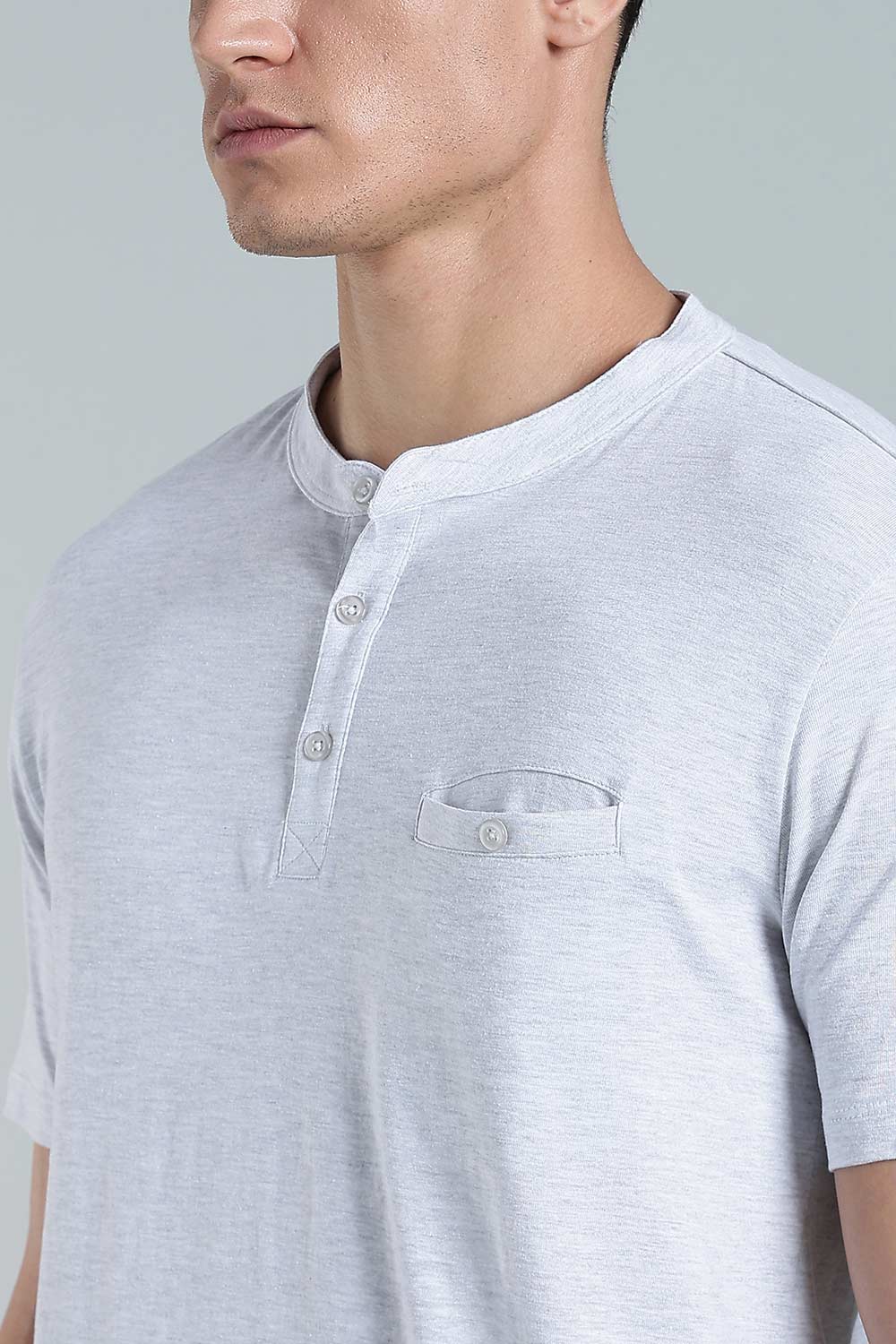 Enhance Men’s Henley T-Shirt – Cotton Smart Casual Tee with Chest Pocket & Side Slits - White Melange - TG01