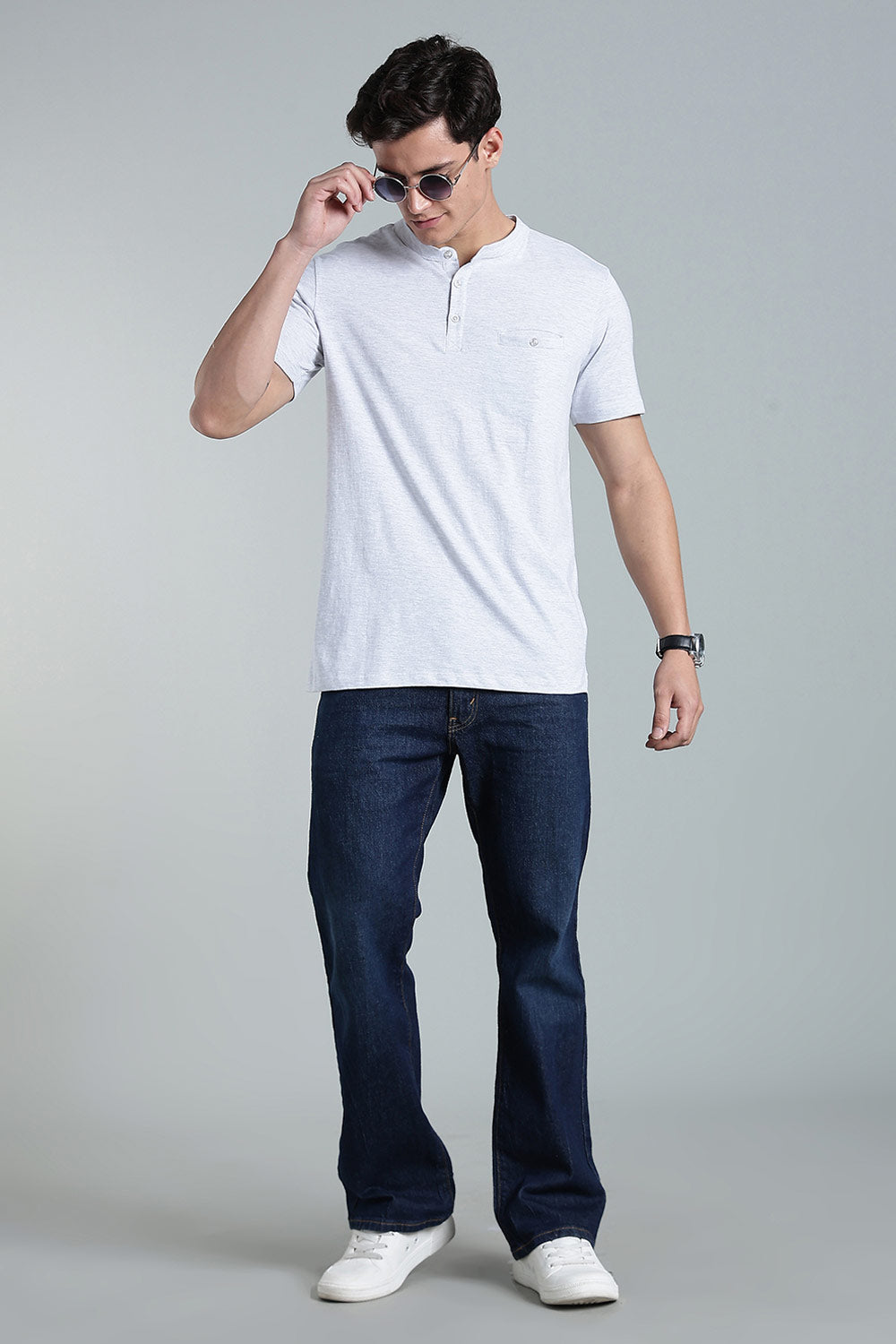 Enhance Men’s Henley T-Shirt – Cotton Smart Casual Tee with Chest Pocket & Side Slits - White Melange - TG01