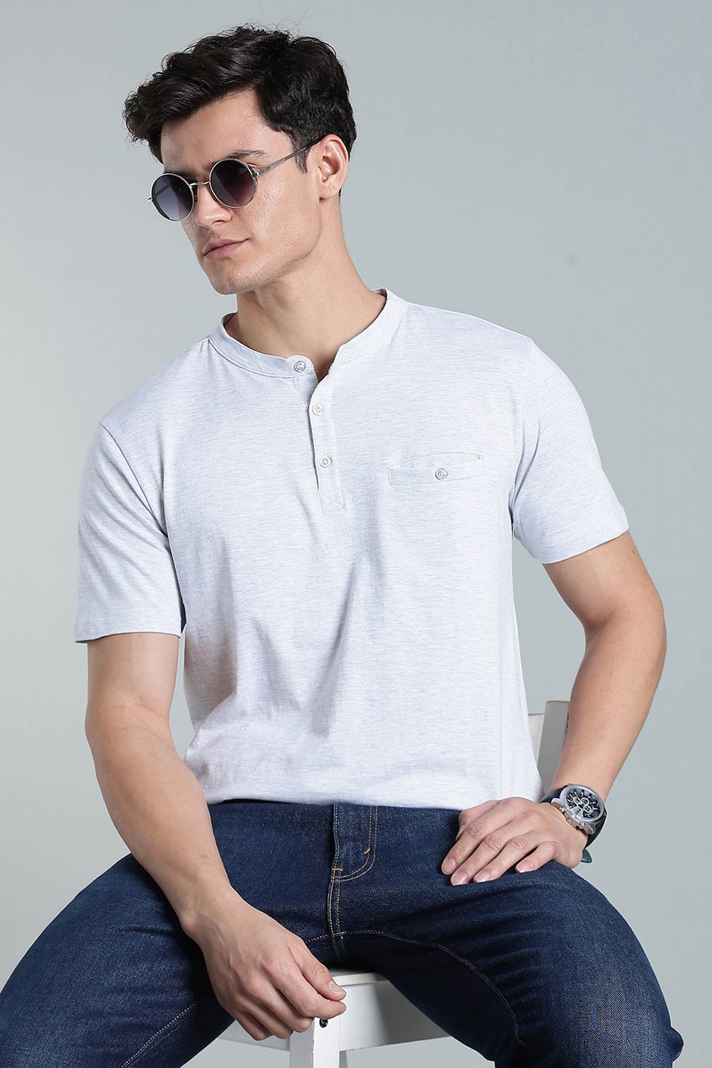 Enhance Men’s Henley T-Shirt – Cotton Smart Casual Tee with Chest Pocket & Side Slits - White Melange - TG01