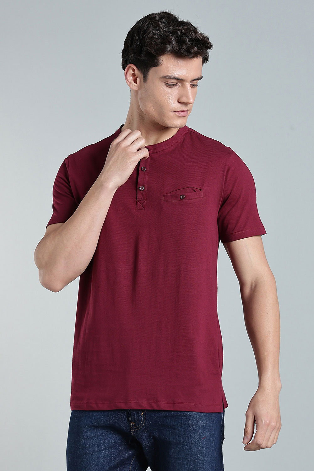 Enhance Men’s Henley T-Shirt – Cotton Smart Casual Tee with Chest Pocket & Side Slits - Maroon - TG01
