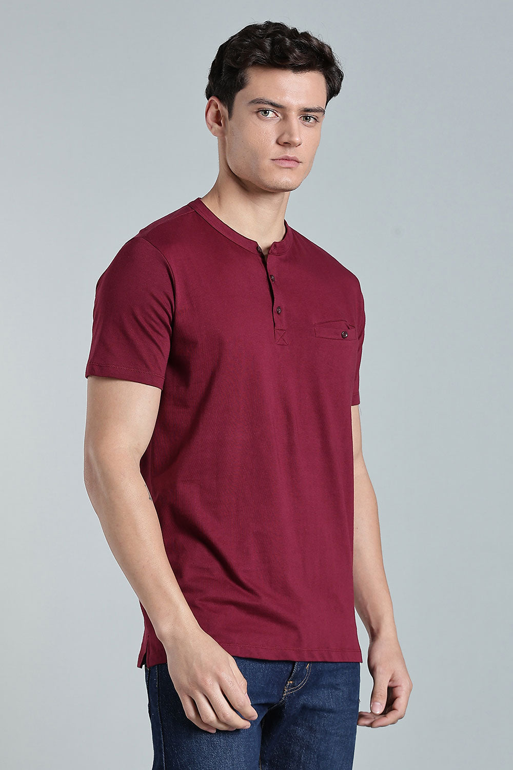 Enhance Men’s Henley T-Shirt – Cotton Smart Casual Tee with Chest Pocket & Side Slits - Maroon - TG01