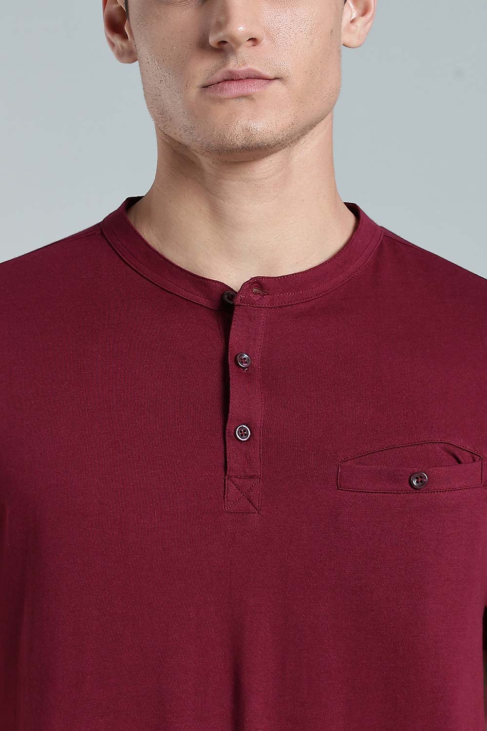 Enhance Men’s Henley T-Shirt – Cotton Smart Casual Tee with Chest Pocket & Side Slits - Maroon - TG01