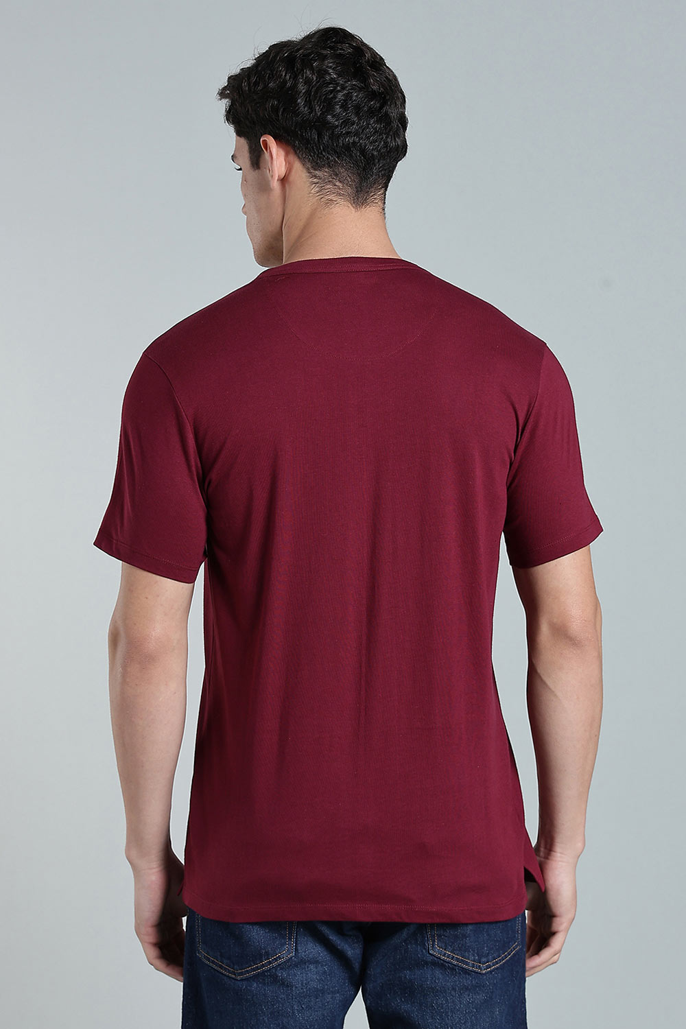 Enhance Men’s Henley T-Shirt – Cotton Smart Casual Tee with Chest Pocket & Side Slits - Maroon - TG01