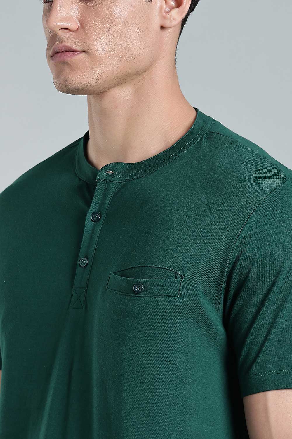 Enhance Men’s Henley T-Shirt – Cotton Smart Casual Tee with Chest Pocket & Side Slits - Green - TG01