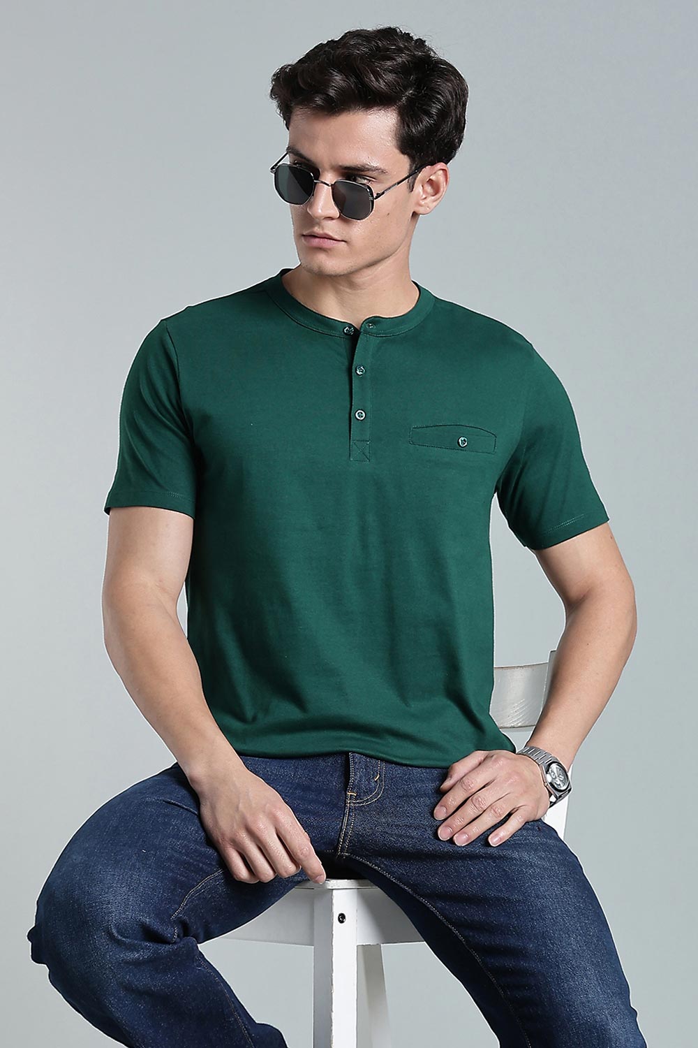Enhance Men’s Henley T-Shirt – Cotton Smart Casual Tee with Chest Pocket & Side Slits - Green - TG01