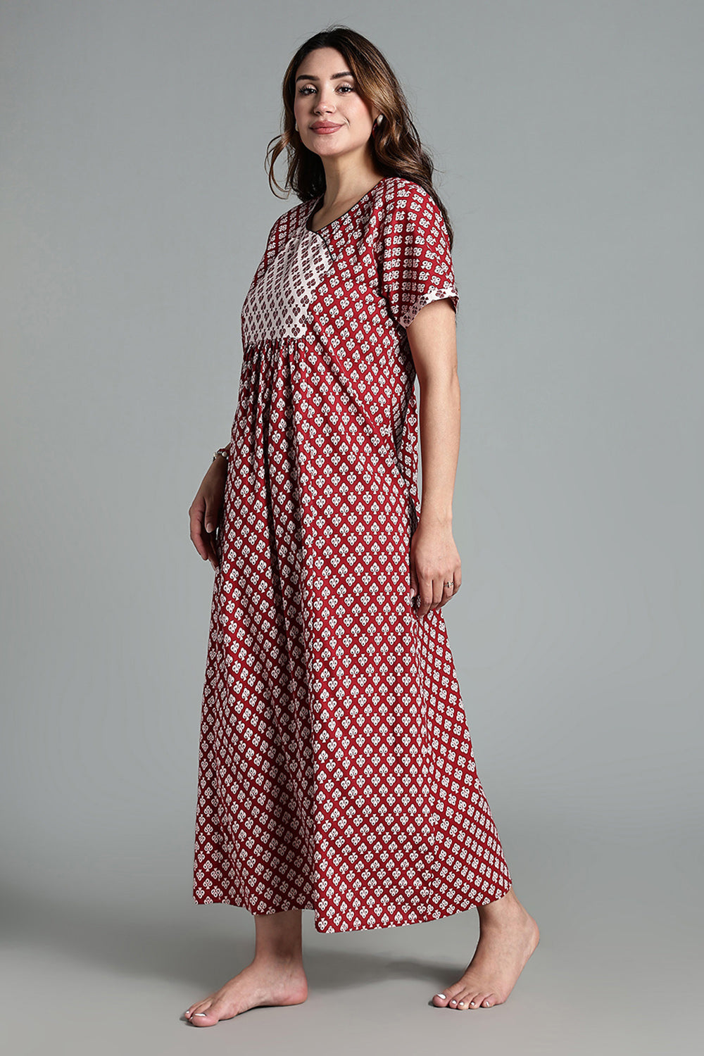Naidu Hall Women’s Full-Length Cotton Nighty – Scoop Neck with V-Slit, Contrast Patch Yoke & Floral Butta Print
- Red - NA34