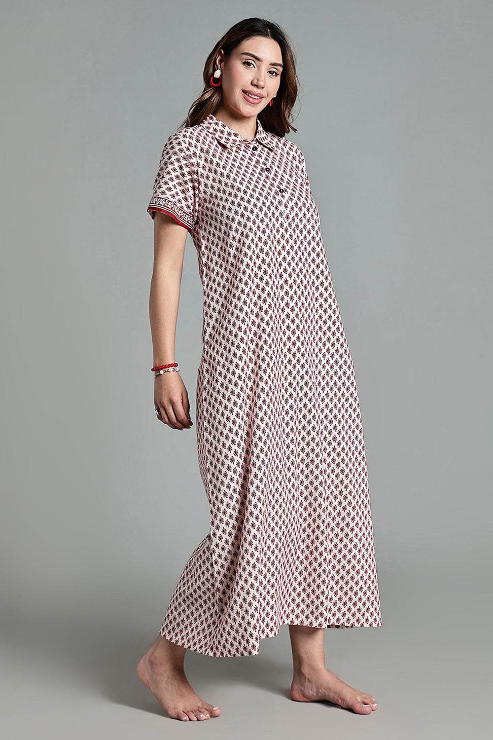 Naidu Hall Women’s Printed Cotton Nighty – Shirt Collar, Front Button Placket & Contrast Hem Detailing – White- NA37 - Naidu Hall Family Store