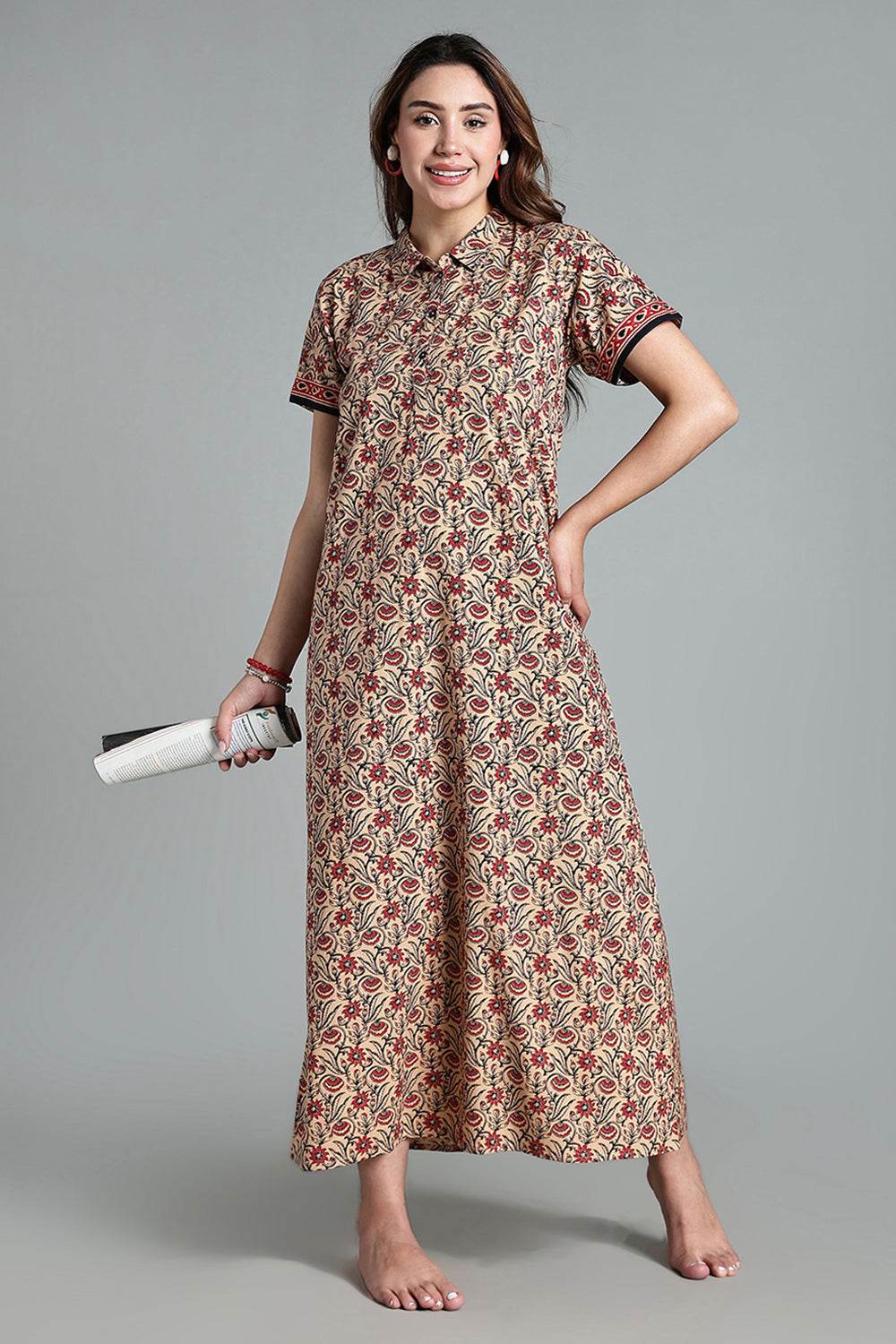 Naidu Hall Women’s Printed Cotton Nighty – Shirt Collar, Front Button Placket & Contrast Hem Detailing – Pink - NA35 - Naidu Hall Family Store