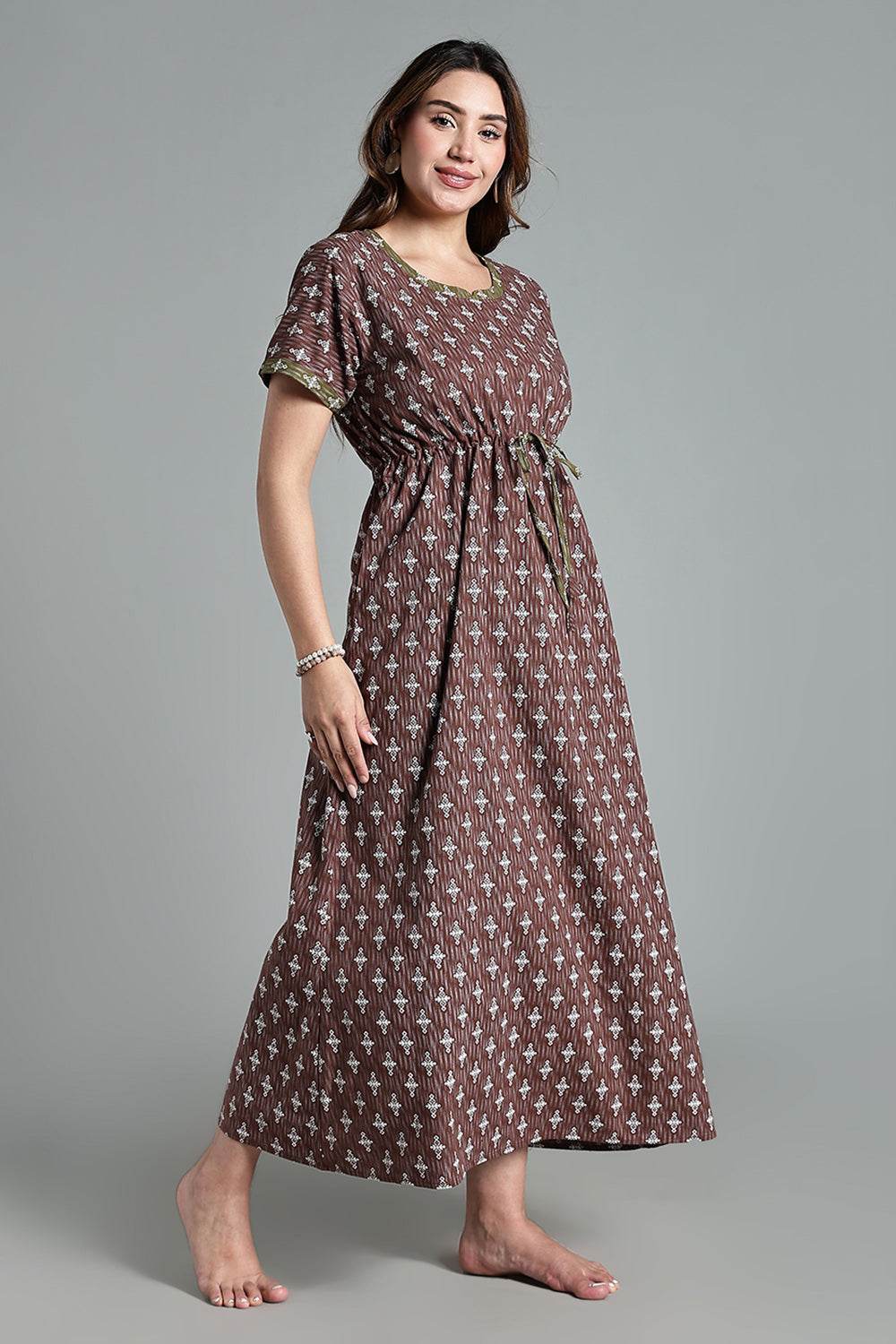 Naidu Hall Women’s Printed Cotton Nighty – Waist Tunnel Tie-Up, Contrast Detailing & Short Sleeves – Brown - NA33 - Naidu Hall Family Store