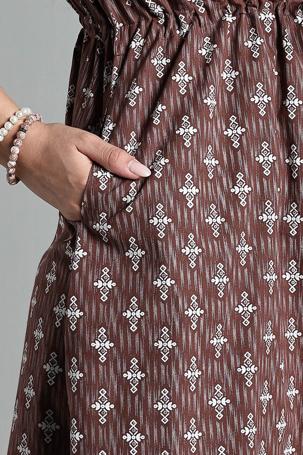 Naidu Hall Women’s Printed Cotton Nighty – Waist Tunnel Tie-Up, Contrast Detailing & Short Sleeves – Brown - NA33 - Naidu Hall Family Store