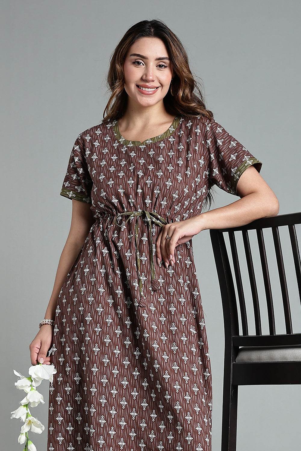 Naidu Hall Women’s Printed Cotton Nighty – Waist Tunnel Tie-Up, Contrast Detailing & Short Sleeves – Brown - NA33 - Naidu Hall Family Store