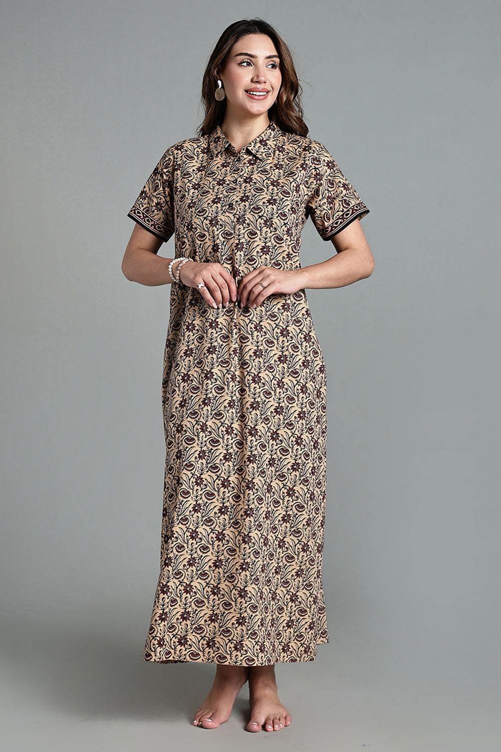Naidu Hall Women’s Printed Cotton Nighty – Shirt Collar, Front Button Placket & Contrast Hem Detailing – Maroon - NA35 - Naidu Hall Family Store