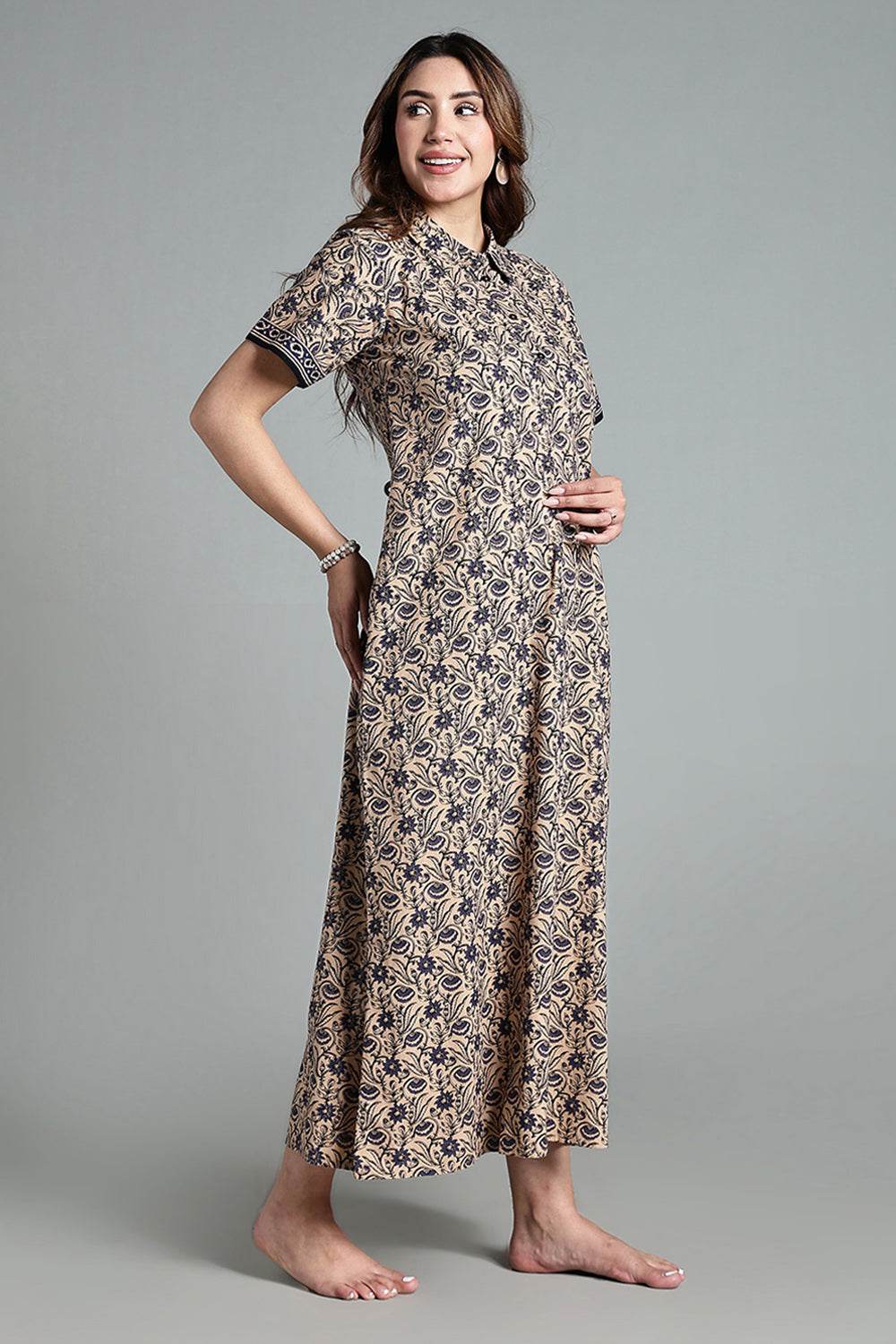 Naidu Hall Women’s Printed Cotton Nighty – Shirt Collar, Front Button Placket & Contrast Hem Detailing – Blue - NA35 - Naidu Hall Family Store
