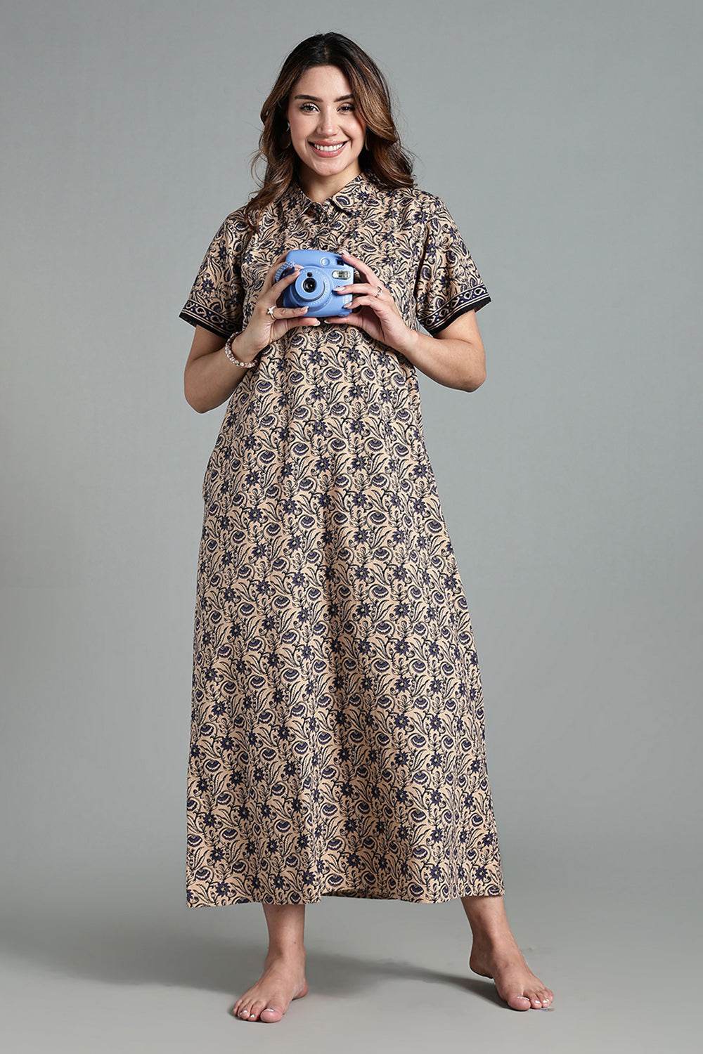 Naidu Hall Women’s Printed Cotton Nighty – Shirt Collar, Front Button Placket & Contrast Hem Detailing – Blue - NA35 - Naidu Hall Family Store