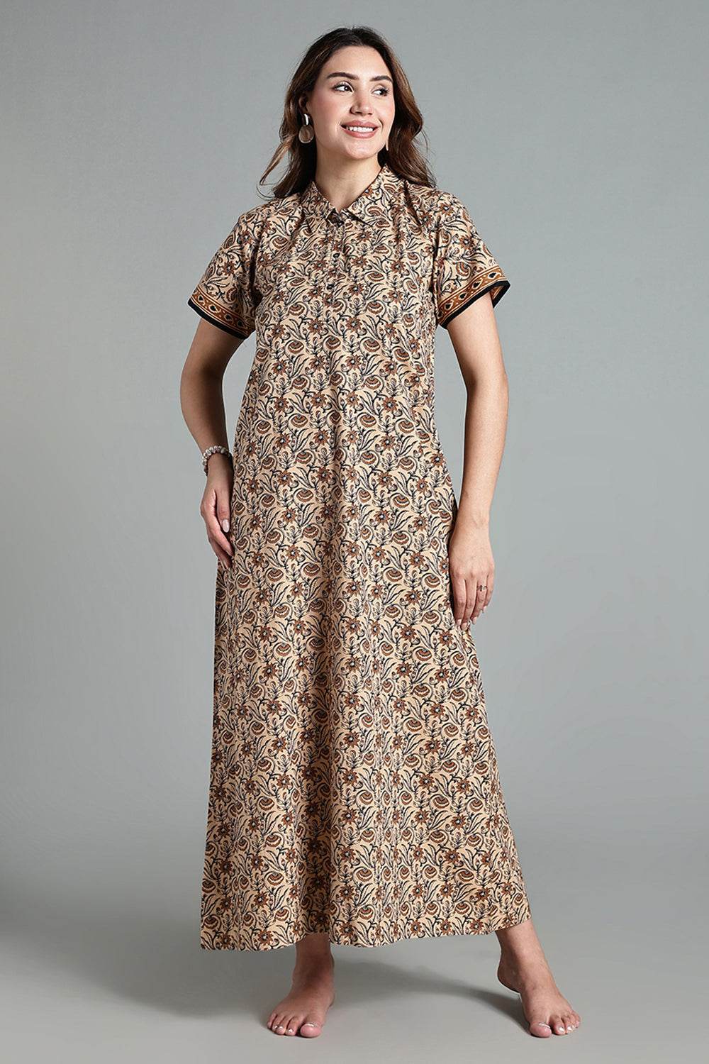 Naidu Hall Women’s Printed Cotton Nighty – Shirt Collar, Front Button Placket & Contrast Hem Detailing – Yellow - NA35 - Naidu Hall Family Store