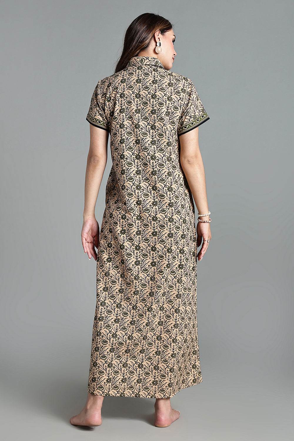 Naidu Hall Women’s Printed Cotton Nighty – Shirt Collar, Front Button Placket & Contrast Hem Detailing – Green- NA35 - Naidu Hall Family Store