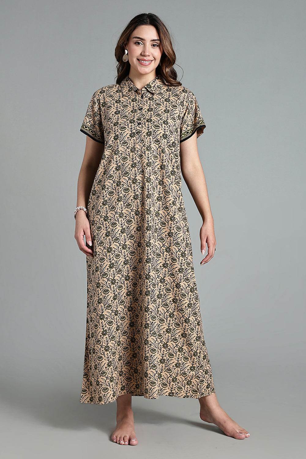 Naidu Hall Women’s Printed Cotton Nighty – Shirt Collar, Front Button Placket & Contrast Hem Detailing – Green- NA35 - Naidu Hall Family Store