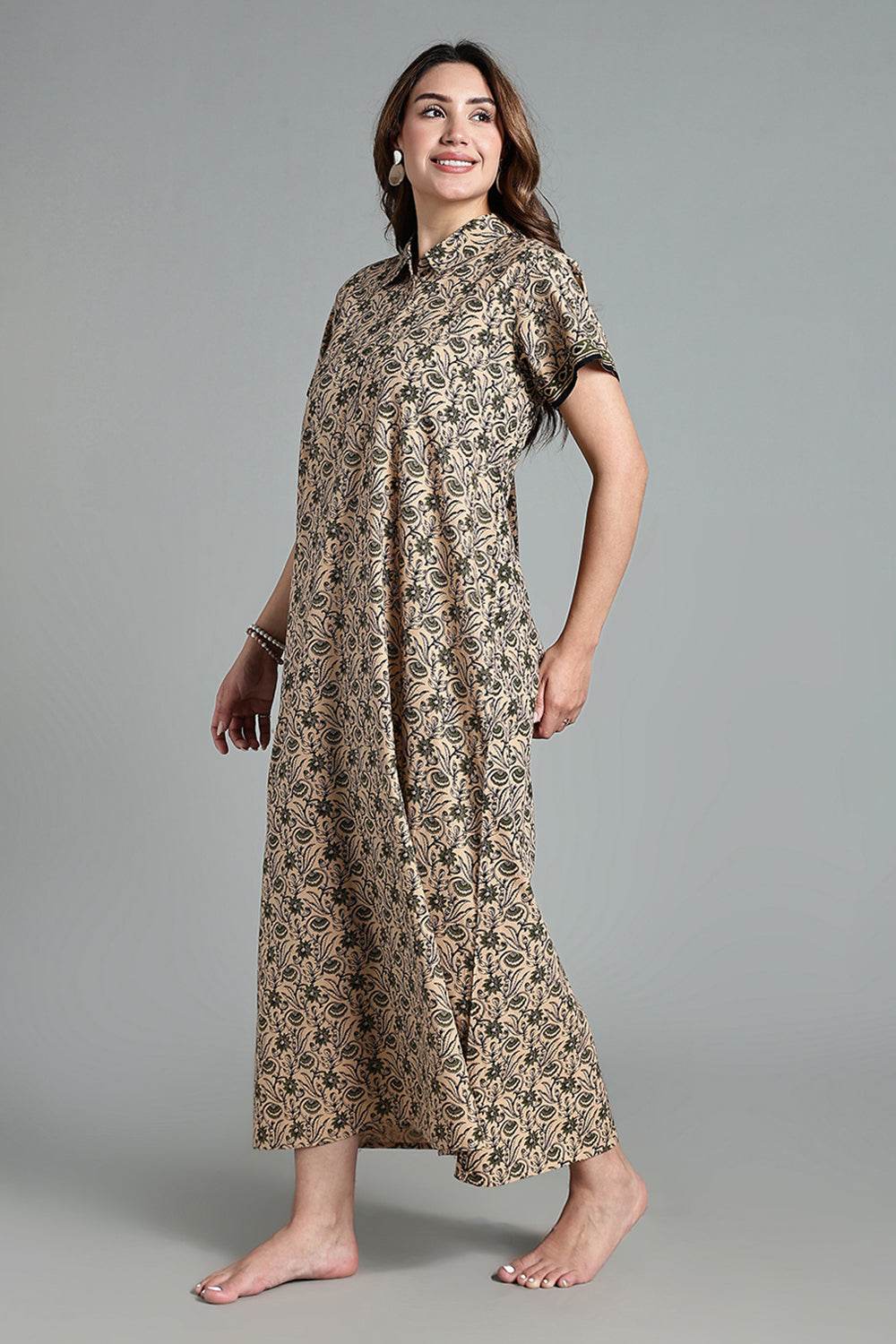 Naidu Hall Women’s Printed Cotton Nighty – Shirt Collar, Front Button Placket & Contrast Hem Detailing – Green- NA35 - Naidu Hall Family Store