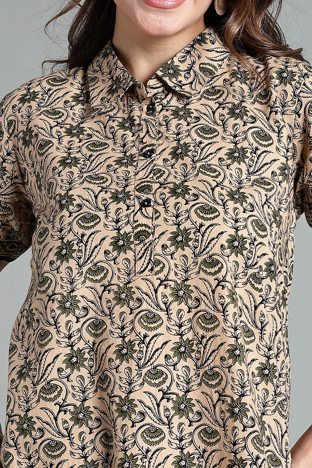 Naidu Hall Women’s Printed Cotton Nighty – Shirt Collar, Front Button Placket & Contrast Hem Detailing – Green- NA35 - Naidu Hall Family Store