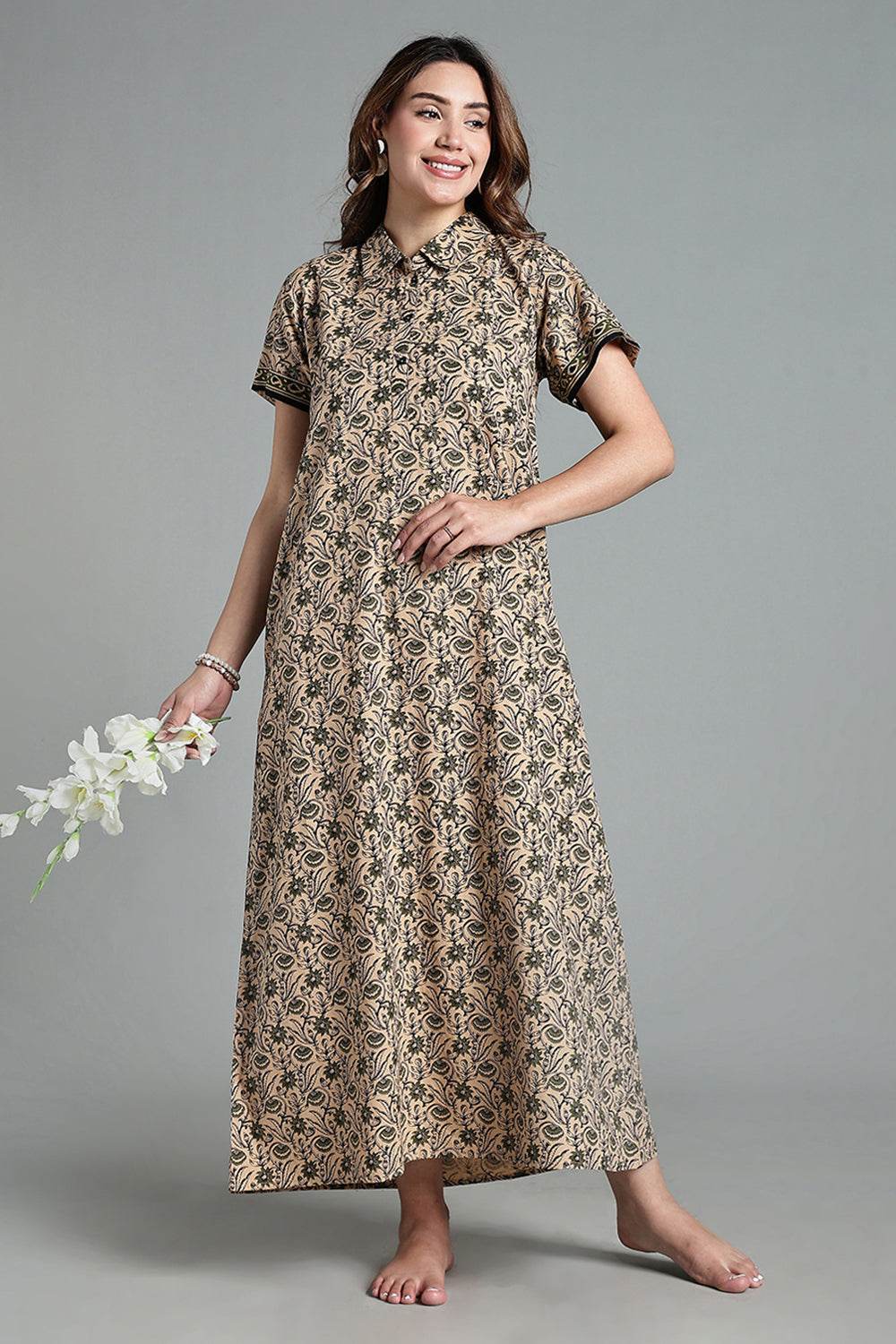 Naidu Hall Women’s Printed Cotton Nighty – Shirt Collar, Front Button Placket & Contrast Hem Detailing – Green- NA35 - Naidu Hall Family Store