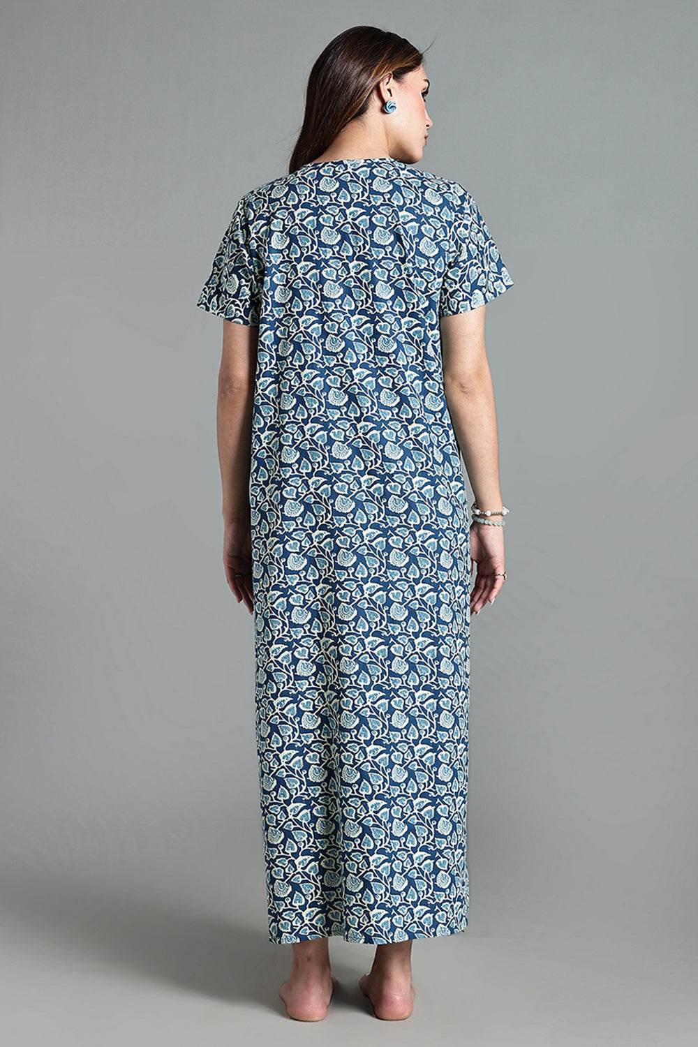 Naidu Hall Naidu Hall Women’s Printed Cotton Nighty – A-Line Fit with Front Yoke, Slant Pocket & Half Sleeves - Blue- NA26 - Naidu Hall Family Store