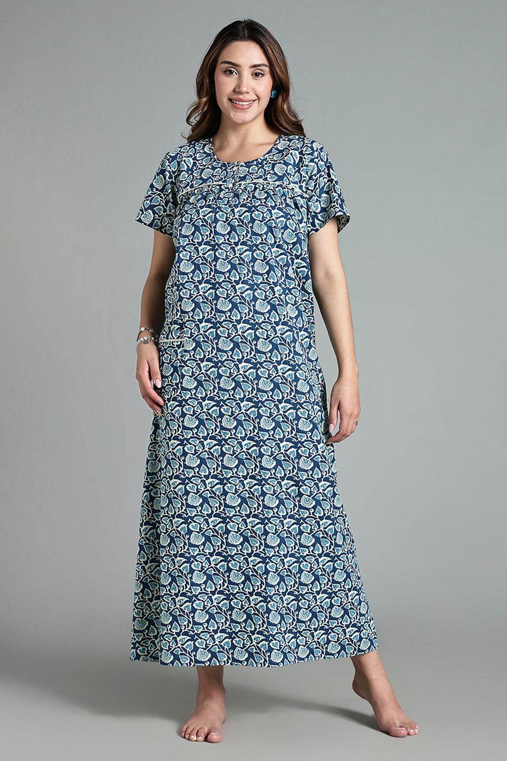 Naidu Hall Naidu Hall Women’s Printed Cotton Nighty – A-Line Fit with Front Yoke, Slant Pocket & Half Sleeves - Blue- NA26 - Naidu Hall Family Store