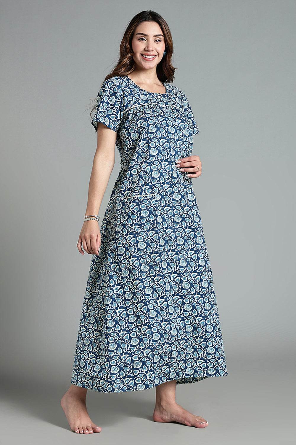 Naidu Hall Naidu Hall Women’s Printed Cotton Nighty – A-Line Fit with Front Yoke, Slant Pocket & Half Sleeves - Blue- NA26 - Naidu Hall Family Store