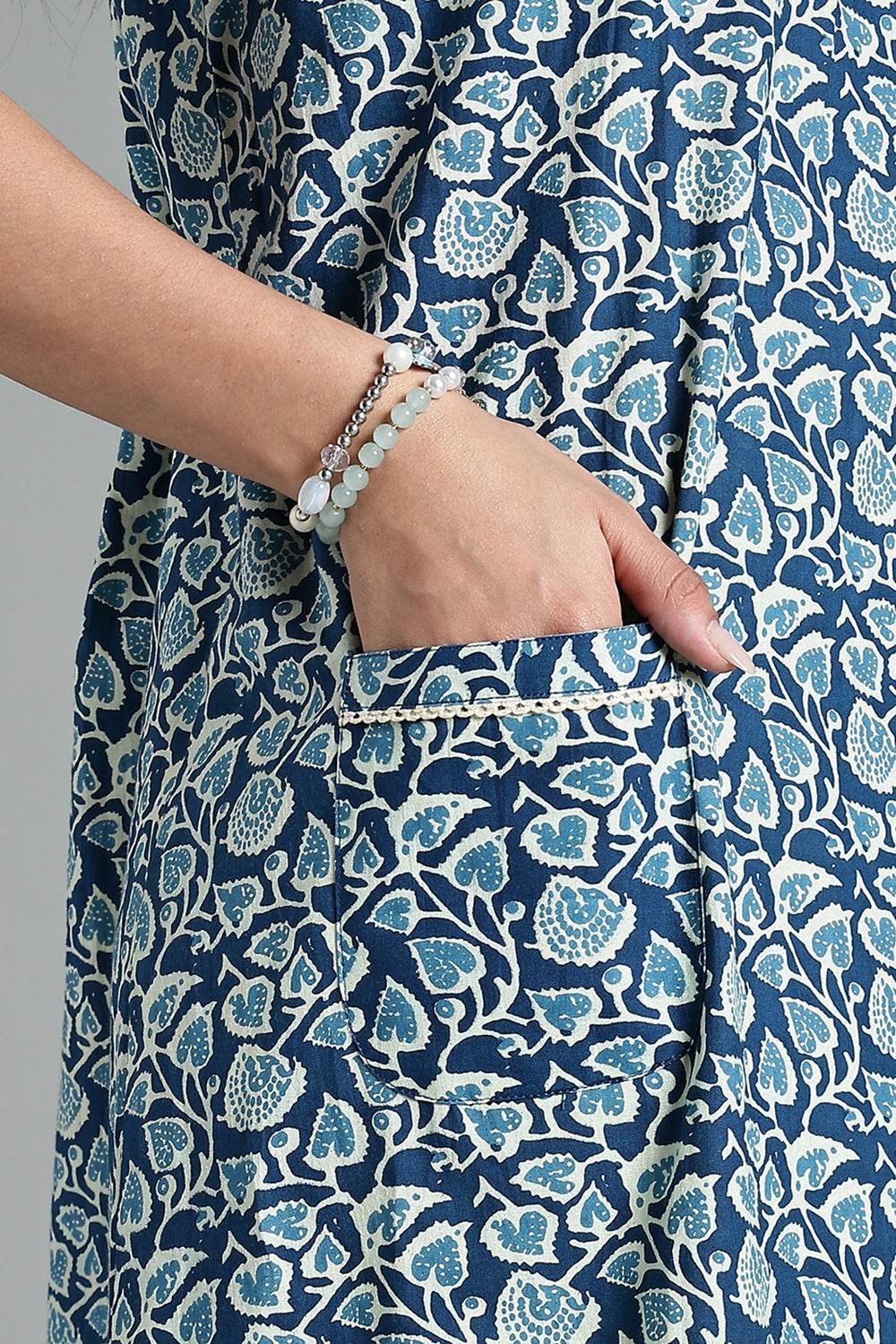 Naidu Hall Naidu Hall Women’s Printed Cotton Nighty – A-Line Fit with Front Yoke, Slant Pocket & Half Sleeves - Blue- NA26 - Naidu Hall Family Store