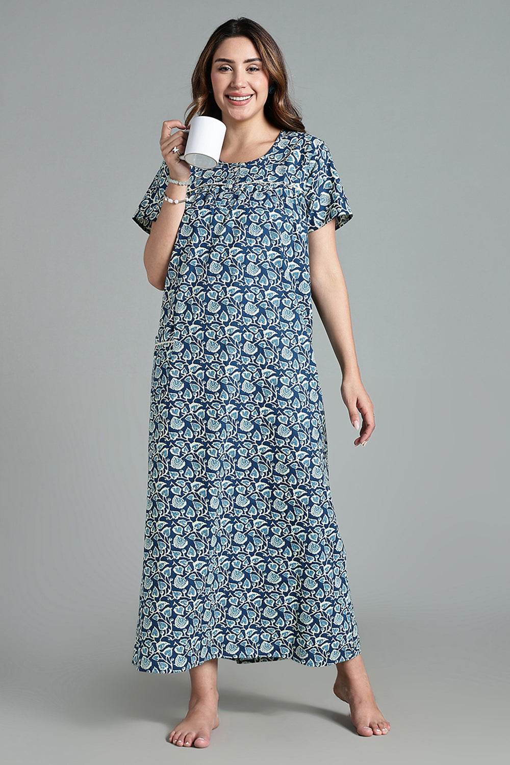 Naidu Hall Naidu Hall Women’s Printed Cotton Nighty – A-Line Fit with Front Yoke, Slant Pocket & Half Sleeves - Blue- NA26 - Naidu Hall Family Store