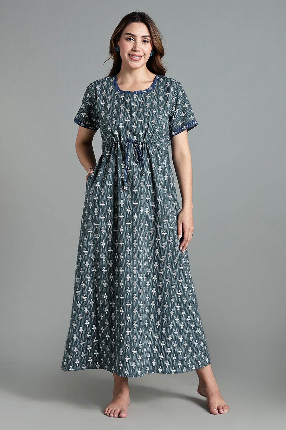 Naidu Hall Women’s Printed Cotton Nighty – Waist Tunnel Tie-Up, Contrast Detailing & Short Sleeves – Teal - NA33 - Naidu Hall Family Store
