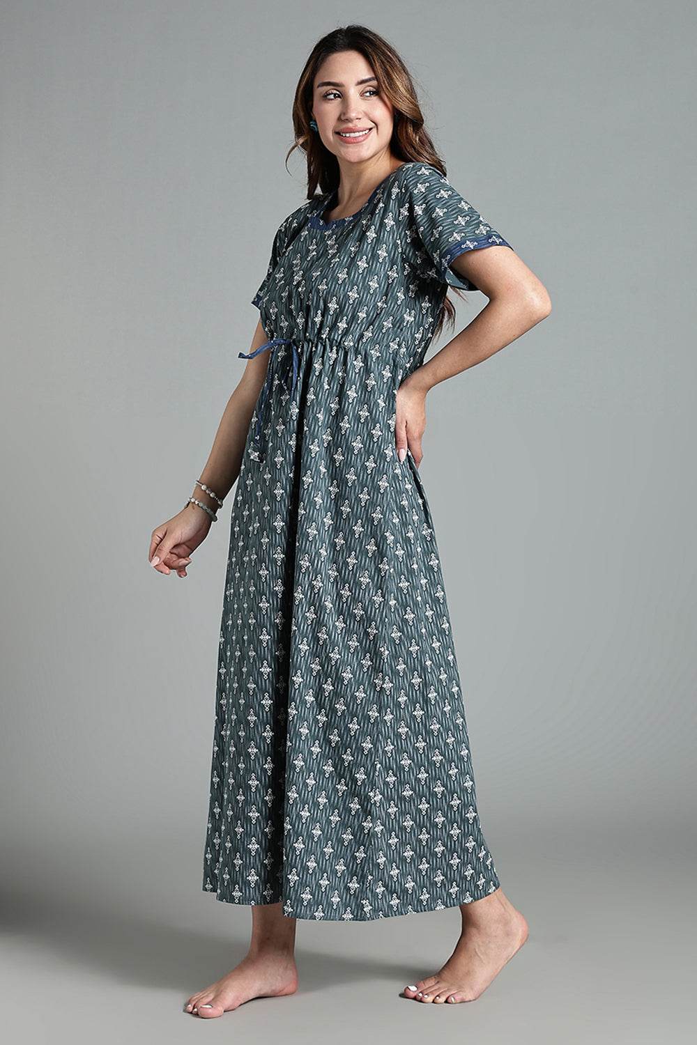 Naidu Hall Women’s Printed Cotton Nighty – Waist Tunnel Tie-Up, Contrast Detailing & Short Sleeves – Teal - NA33 - Naidu Hall Family Store