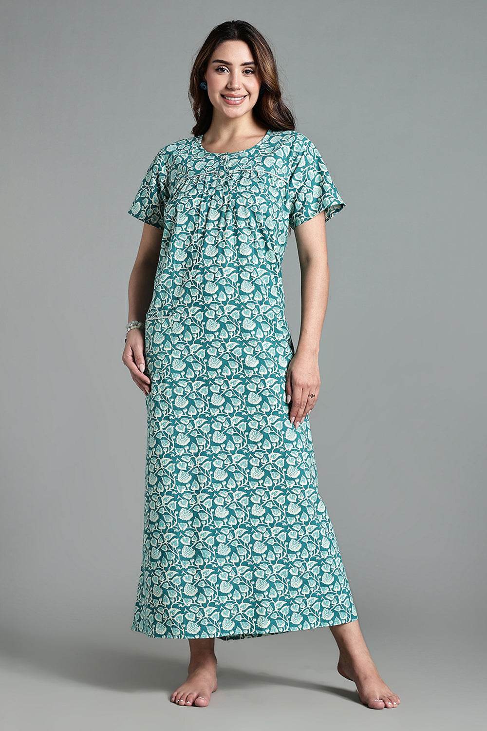 Naidu Hall Naidu Hall Women’s Printed Cotton Nighty – A-Line Fit with Front Yoke, Slant Pocket & Half Sleeves - Teal- NA26 - Naidu Hall Family Store