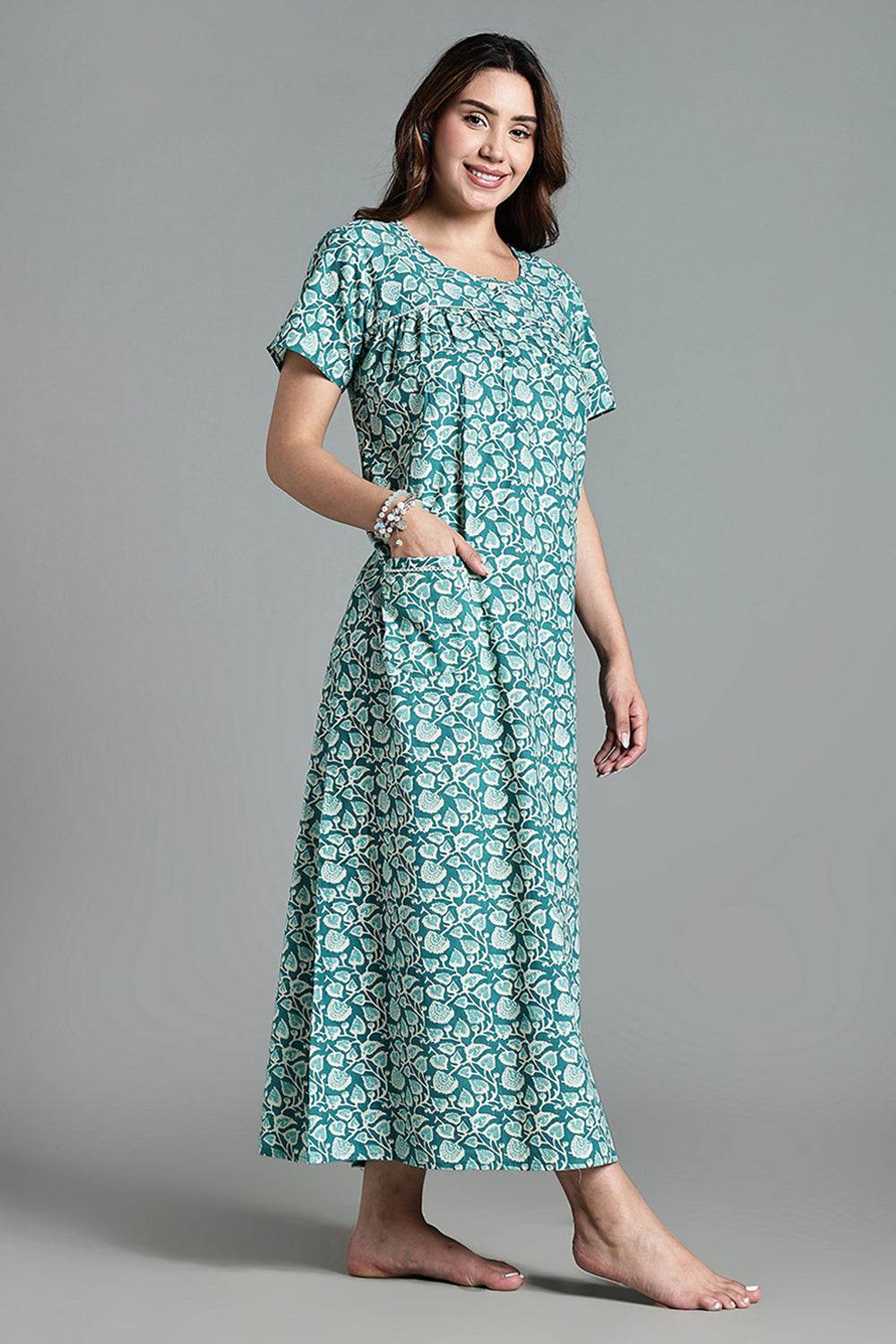 Naidu Hall Naidu Hall Women’s Printed Cotton Nighty – A-Line Fit with Front Yoke, Slant Pocket & Half Sleeves - Teal- NA26 - Naidu Hall Family Store