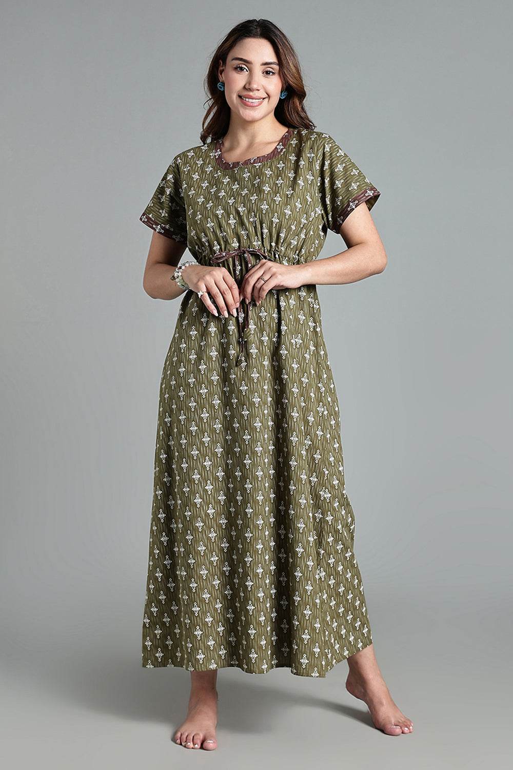 Naidu Hall Women’s Printed Cotton Nighty – Waist Tunnel Tie-Up, Contrast Detailing & Short Sleeves – Olive - NA33 - Naidu Hall Family Store