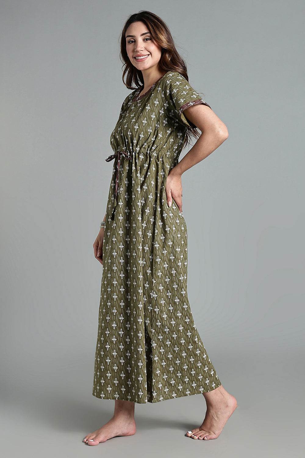 Naidu Hall Women’s Printed Cotton Nighty – Waist Tunnel Tie-Up, Contrast Detailing & Short Sleeves – Olive - NA33 - Naidu Hall Family Store