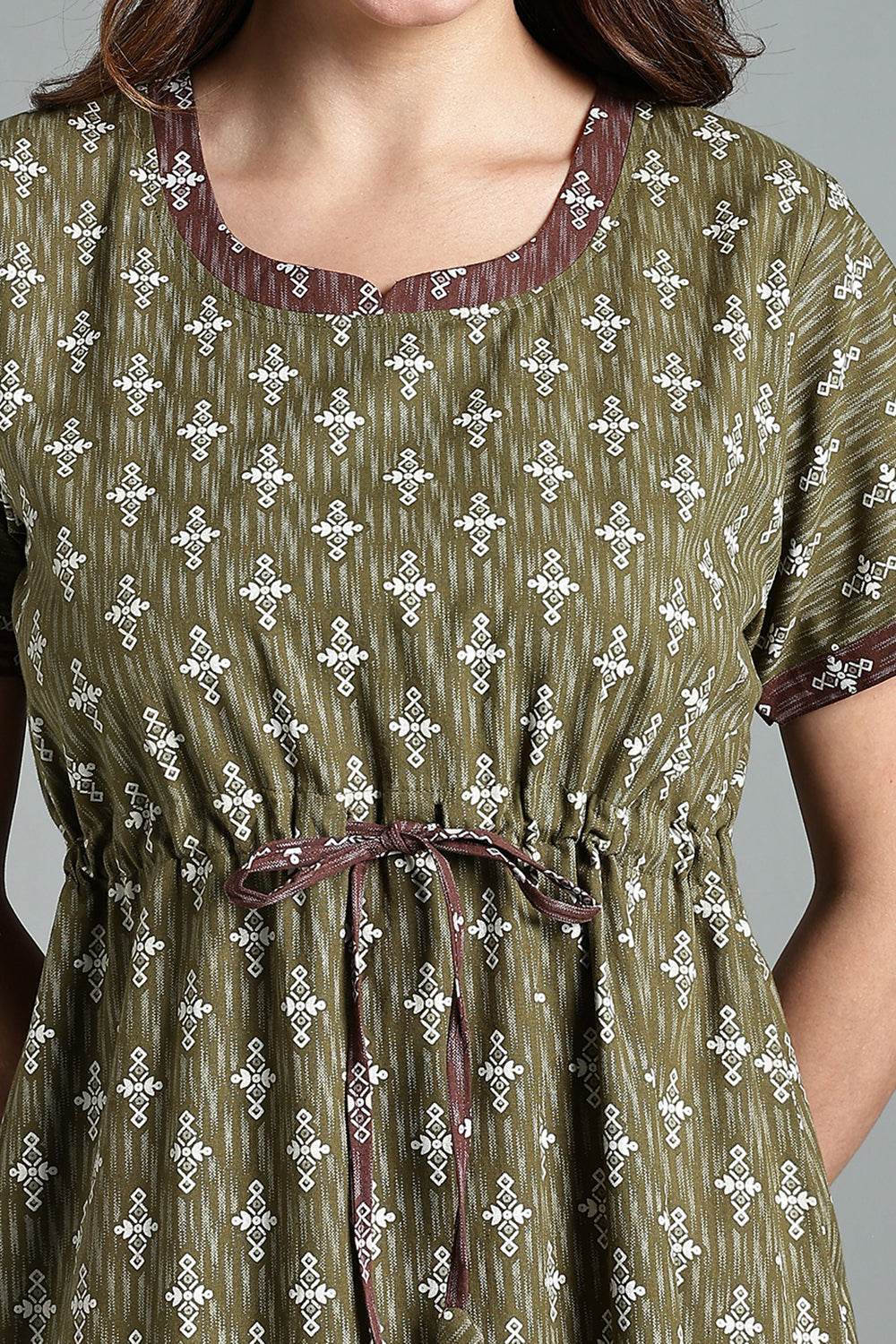 Naidu Hall Women’s Printed Cotton Nighty – Waist Tunnel Tie-Up, Contrast Detailing & Short Sleeves – Olive - NA33 - Naidu Hall Family Store