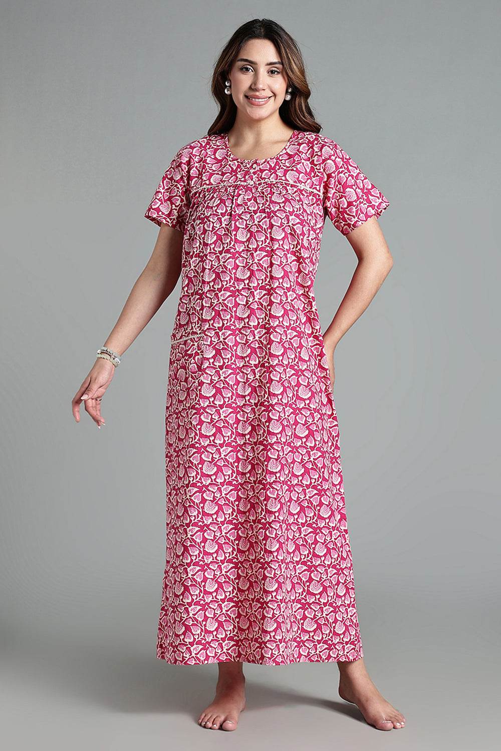 Naidu Hall Naidu Hall Women’s Printed Cotton Nighty – A-Line Fit with Front Yoke, Slant Pocket & Half Sleeves - Pink- NA26 - Naidu Hall Family Store