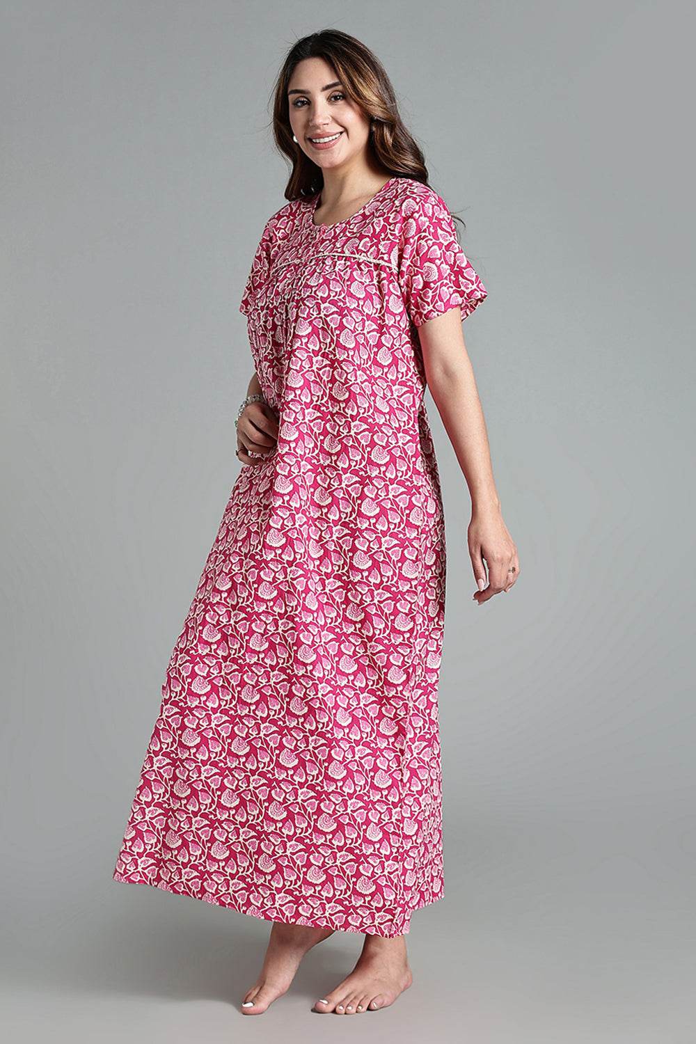Naidu Hall Naidu Hall Women’s Printed Cotton Nighty – A-Line Fit with Front Yoke, Slant Pocket & Half Sleeves - Pink- NA26 - Naidu Hall Family Store