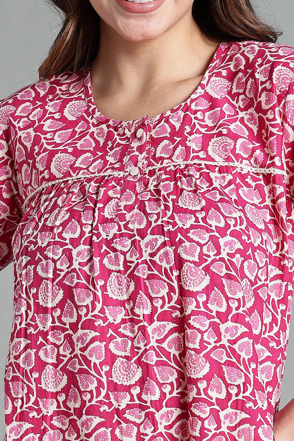 Naidu Hall Naidu Hall Women’s Printed Cotton Nighty – A-Line Fit with Front Yoke, Slant Pocket & Half Sleeves - Pink- NA26 - Naidu Hall Family Store