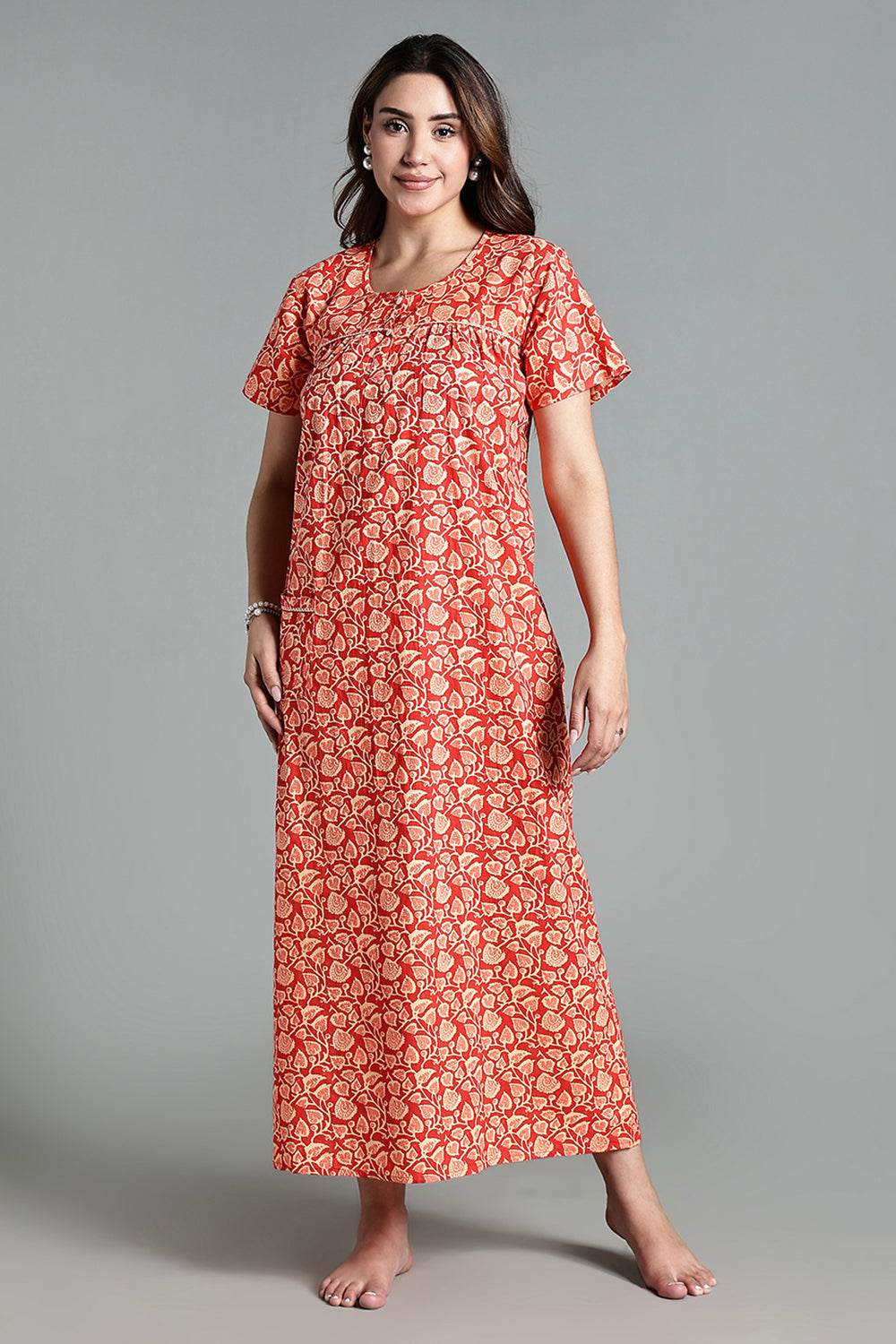 Naidu Hall Naidu Hall Women’s Printed Cotton Nighty – A-Line Fit with Front Yoke, Slant Pocket & Half Sleeves - orange- NA26 - Naidu Hall Family Store