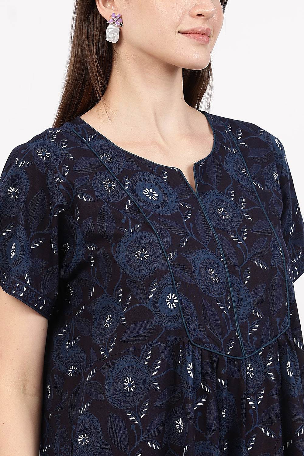 Naidu Hall Women’s Floral Printed Cotton Nighty with Front Yoke & Contrast Piping | Round Neck, Short Sleeves
- NA94