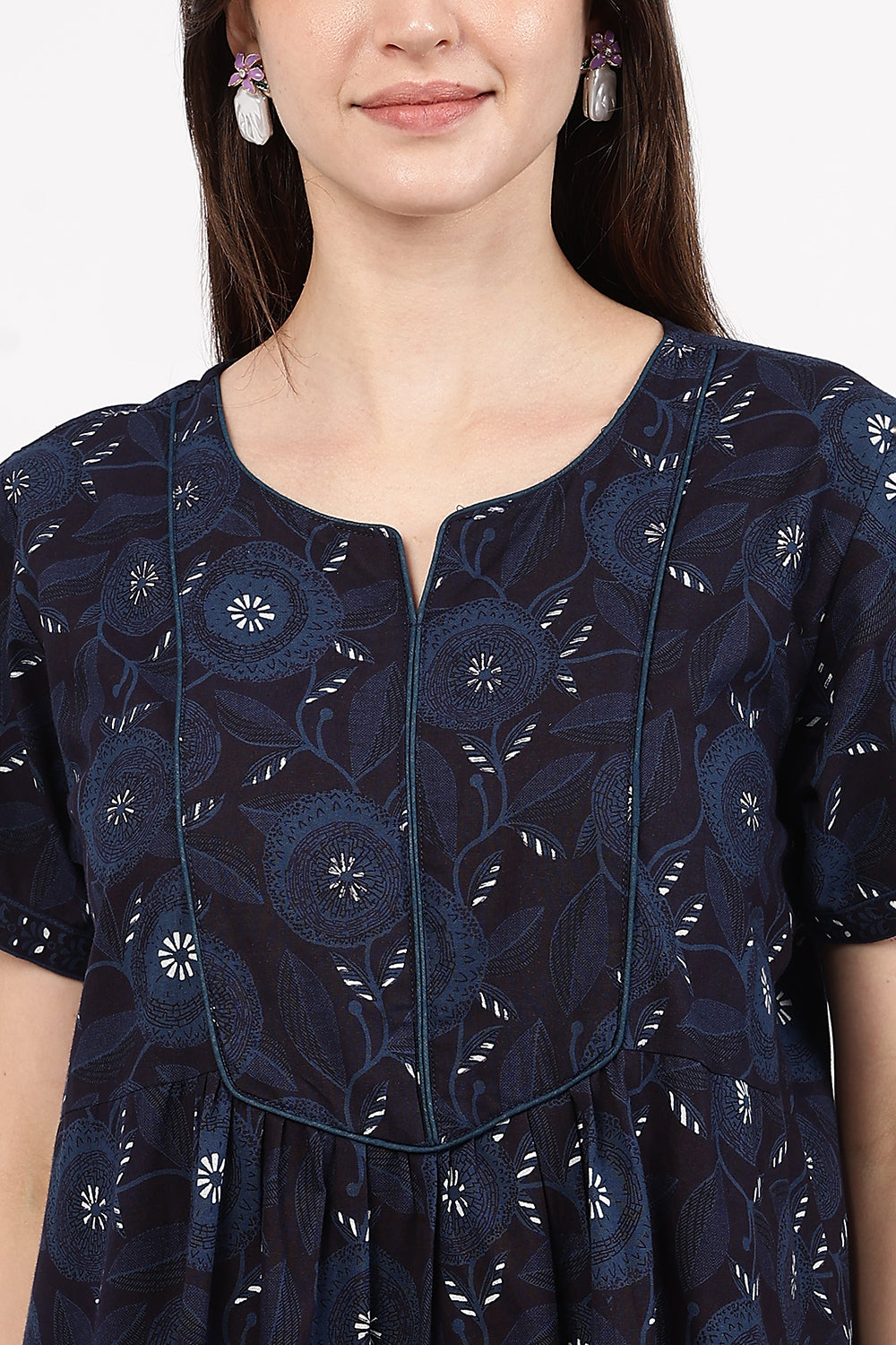 Naidu Hall Women’s Floral Printed Cotton Nighty with Front Yoke & Contrast Piping | Round Neck, Short Sleeves
- NA94