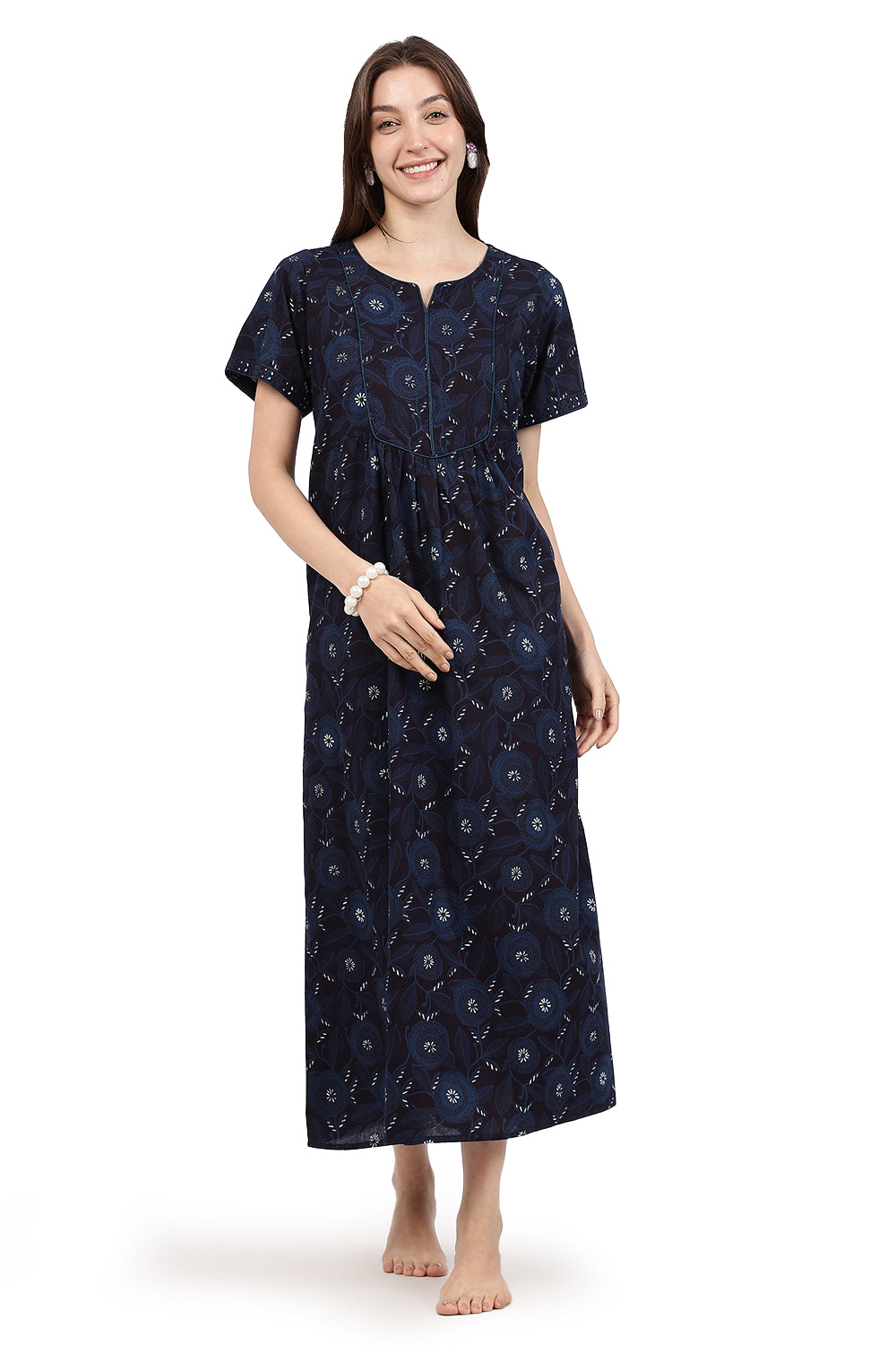 Naidu Hall Women’s Floral Printed Cotton Nighty with Front Yoke & Contrast Piping | Round Neck, Short Sleeves
- NA94
