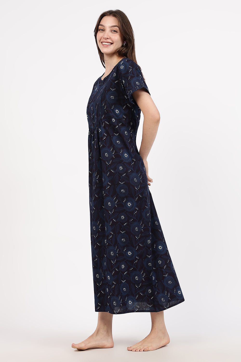 Naidu Hall Women’s Floral Printed Cotton Nighty with Front Yoke & Contrast Piping | Round Neck, Short Sleeves
- NA94