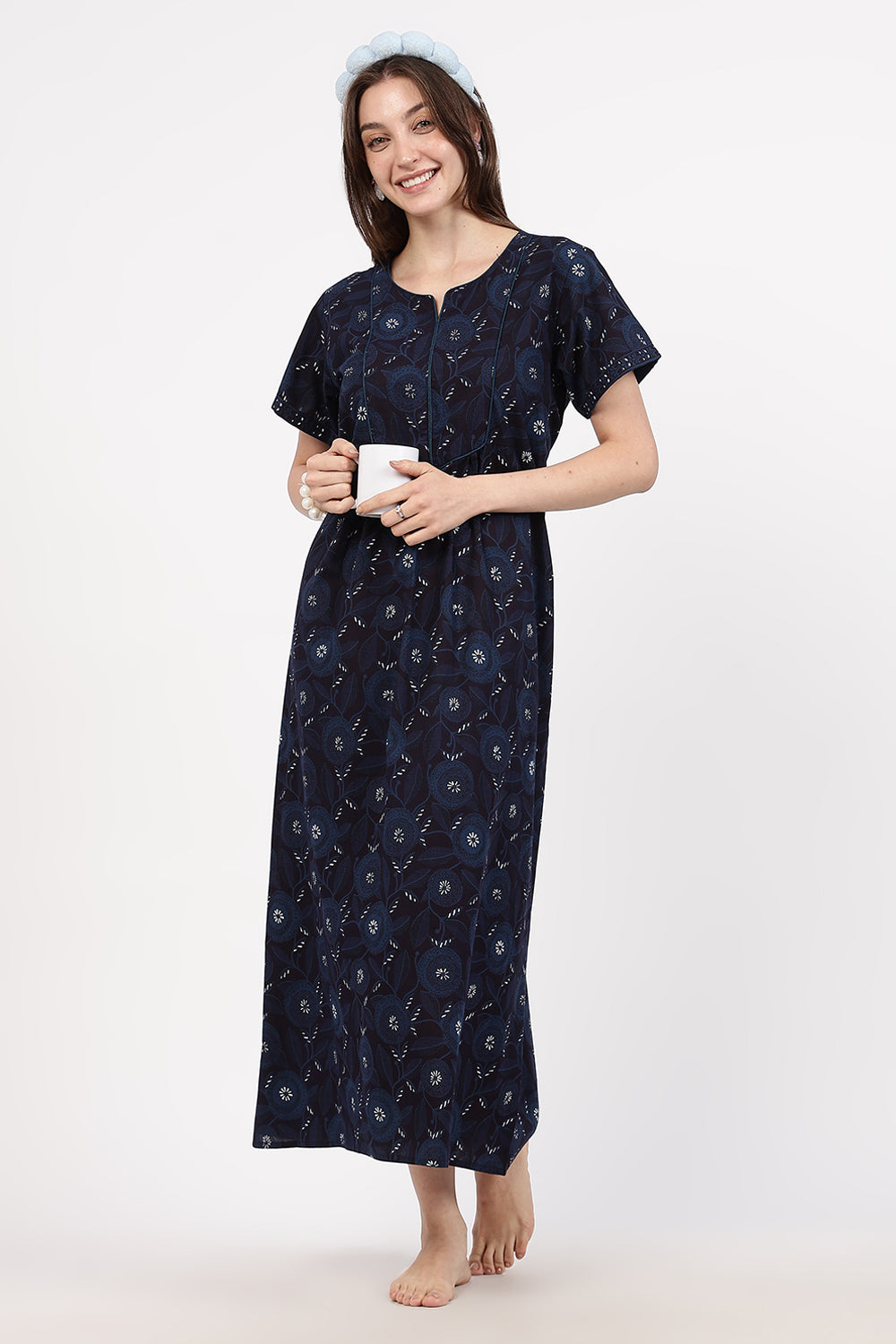 Naidu Hall Women’s Floral Printed Cotton Nighty with Front Yoke & Contrast Piping | Round Neck, Short Sleeves
- NA94