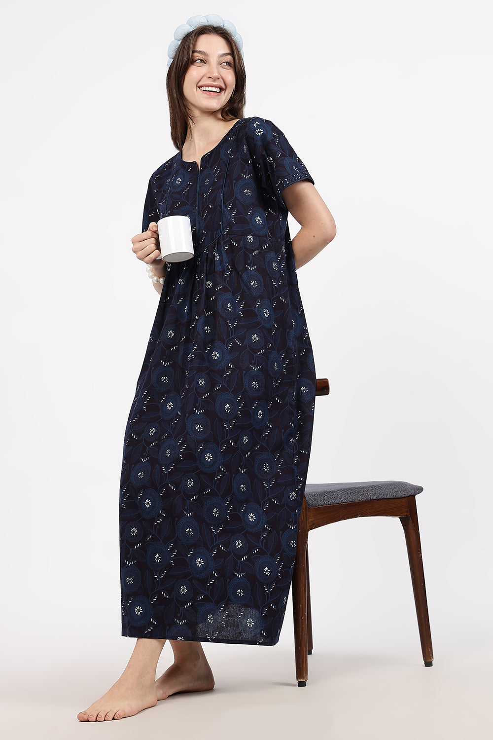 Naidu Hall Women’s Floral Printed Cotton Nighty with Front Yoke & Contrast Piping | Round Neck, Short Sleeves
- NA94