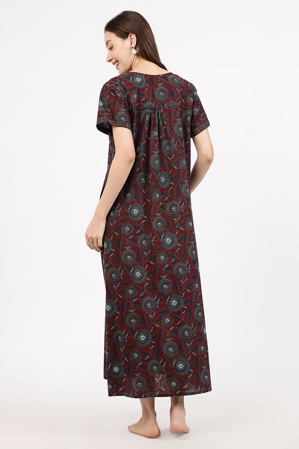 Naidu Hall Women’s Floral Printed Cotton Nighty with Front Yoke & Contrast Piping | Round Neck, Short Sleeves
- NA94